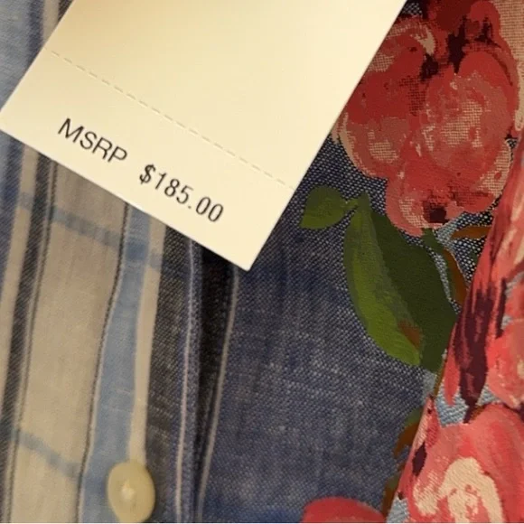 New LAUREN RALPH LAUREN Blue White Plaid Floral Linen Long Sleeve Dress - Picture 5 of 5